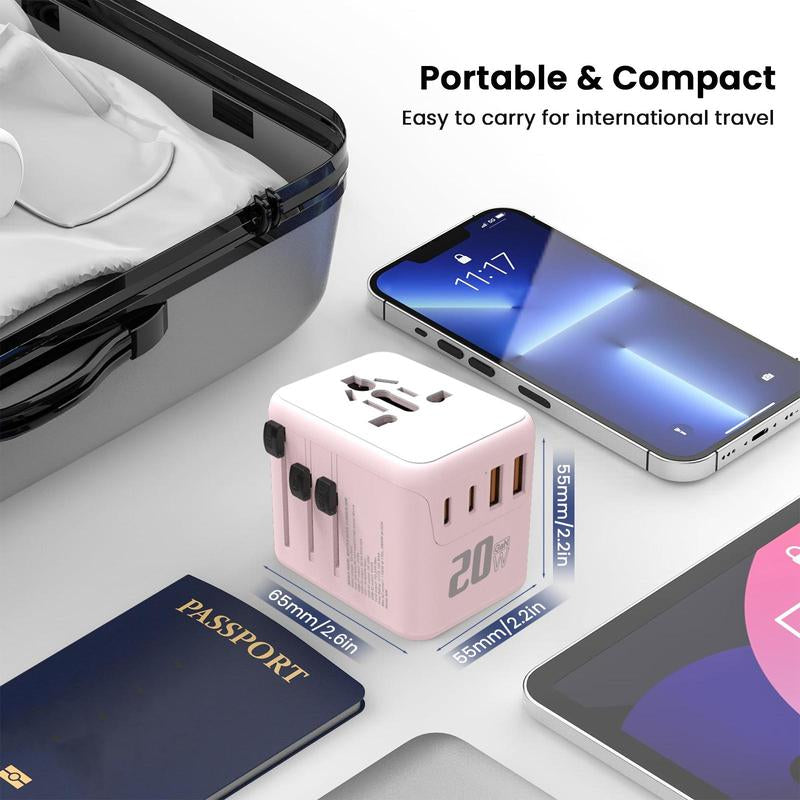 Universal Travel Adapter, Lightweight International Power Adapter - 20W with PD & QC,2 USB C 2 USB a Multi-Port Plug Adapter for Smartphone,Cellphone Pink Electronic Charging, Christmas Gift