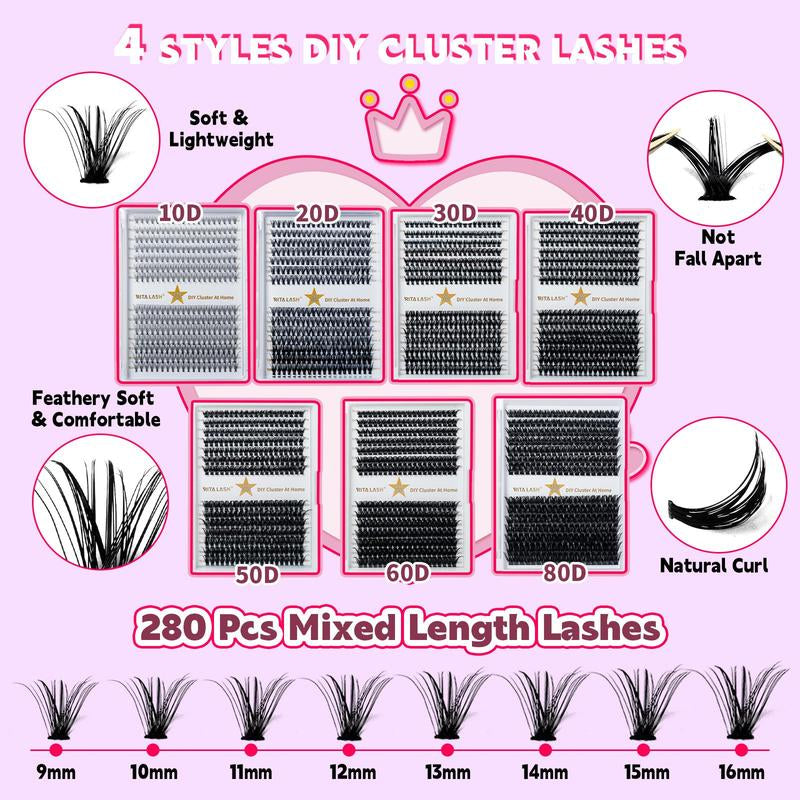 Individual False Eyelashes with Eyelash Bond & Sealing & Portable Lash Brush & Lash Remover & Lash Tweezers, 1 Set Natural Look Eyelashes Extensions Cluster