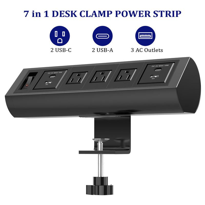 Esk Clamp Power Strip with PD 20W USB-C, Total 40W USB C Fast Charging Wide Spaced Power Strip with 3 AC Outlets, 2 QC 18W USB-A Ports, Overload Protection Outlets with 10FT Extension Cord, Black