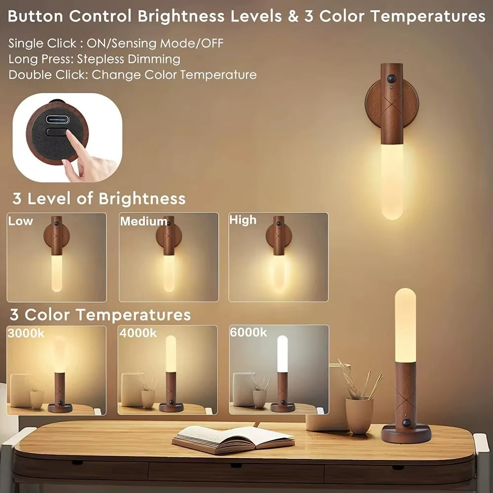 LED Wooden Sensor Night Light with Motion Sensor Wall Sconce, USB Rechargeable Dimmable 3 Color Temperature, Magnetic Mount