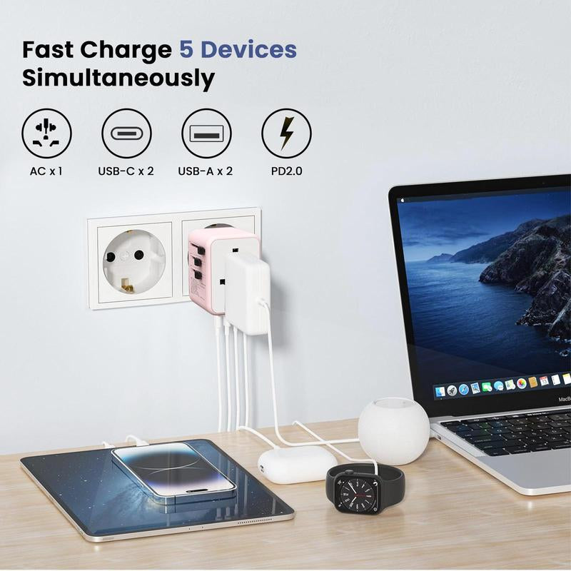 Universal Travel Adapter, Lightweight International Power Adapter - 20W with PD & QC,2 USB C 2 USB a Multi-Port Plug Adapter for Smartphone,Cellphone Pink Electronic Charging, Christmas Gift