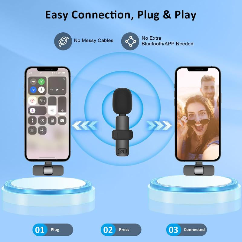 2 Pack Professional Wireless Mini Microphone for Iphone, Ipad Iphone 15, Ios and Android Devices