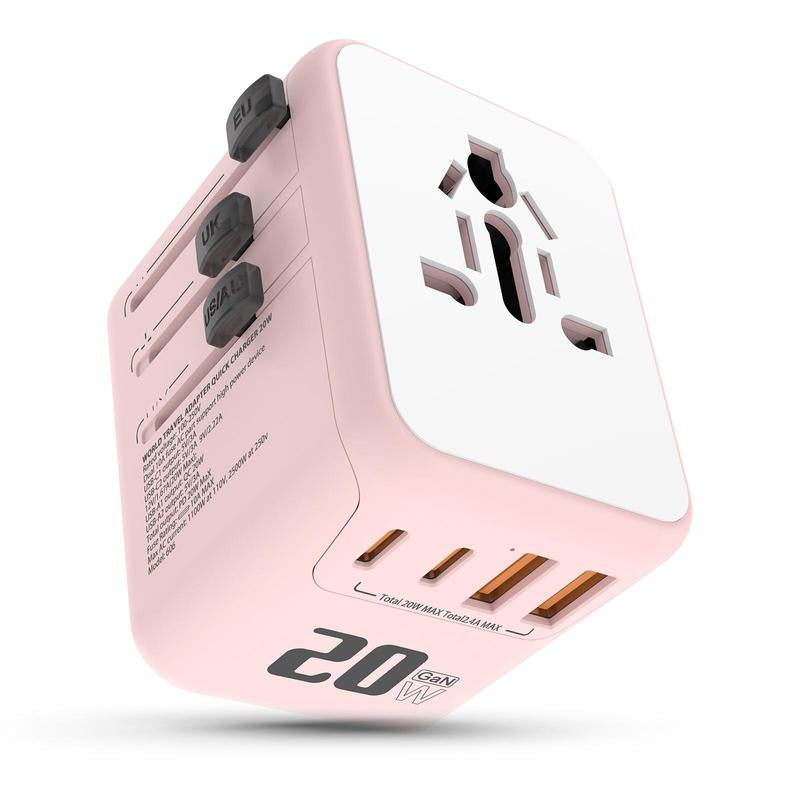 Universal Travel Adapter, Lightweight International Power Adapter - 20W with PD & QC,2 USB C 2 USB a Multi-Port Plug Adapter for Smartphone,Cellphone Pink Electronic Charging, Christmas Gift