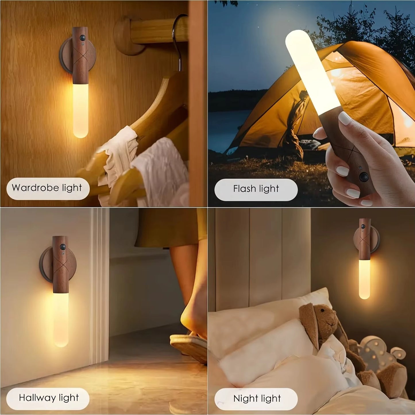 LED Wooden Sensor Night Light with Motion Sensor Wall Sconce, USB Rechargeable Dimmable 3 Color Temperature, Magnetic Mount