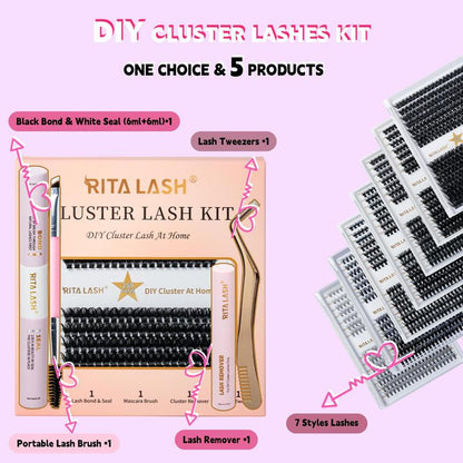 Individual False Eyelashes with Eyelash Bond & Sealing & Portable Lash Brush & Lash Remover & Lash Tweezers, 1 Set Natural Look Eyelashes Extensions Cluster