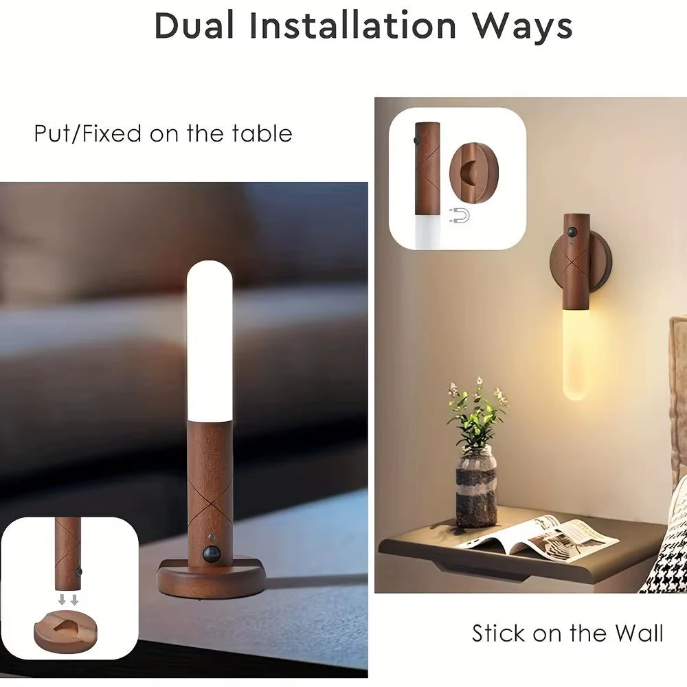 LED Wooden Sensor Night Light with Motion Sensor Wall Sconce, USB Rechargeable Dimmable 3 Color Temperature, Magnetic Mount