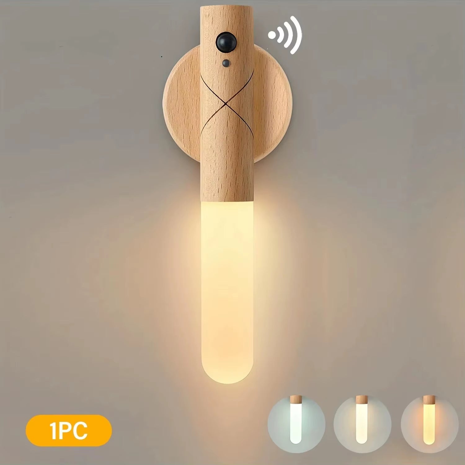 LED Wooden Sensor Night Light with Motion Sensor Wall Sconce, USB Rechargeable Dimmable 3 Color Temperature, Magnetic Mount